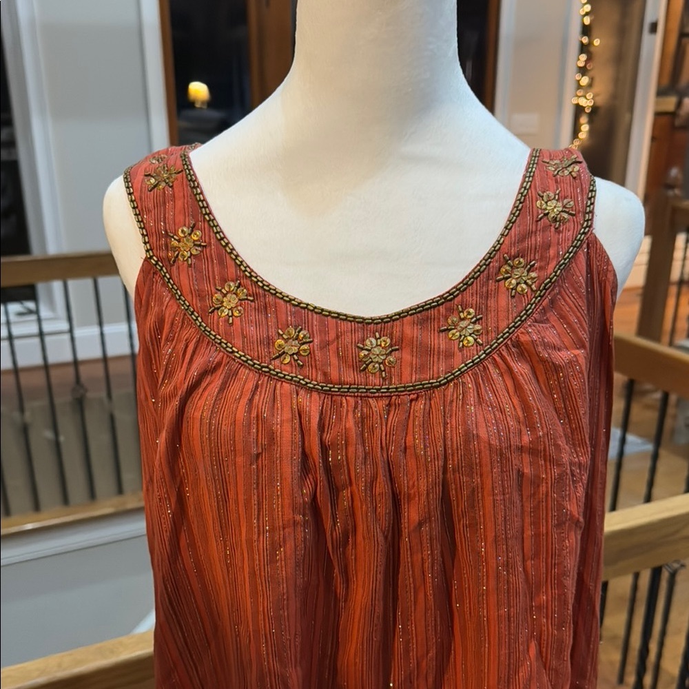 Anthropologie Chaudry Rust burnt orange beaded sleeveless boho dress - Picture 3 of 7
